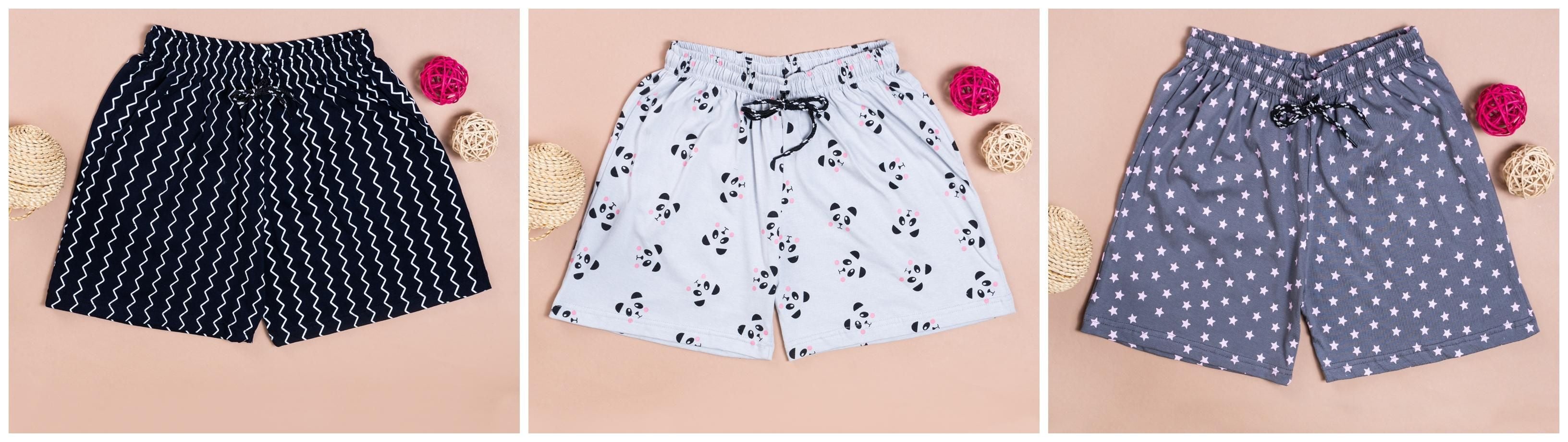 Women's Cotton Bluemaze Panda and Star Print Shorts Pack of 3